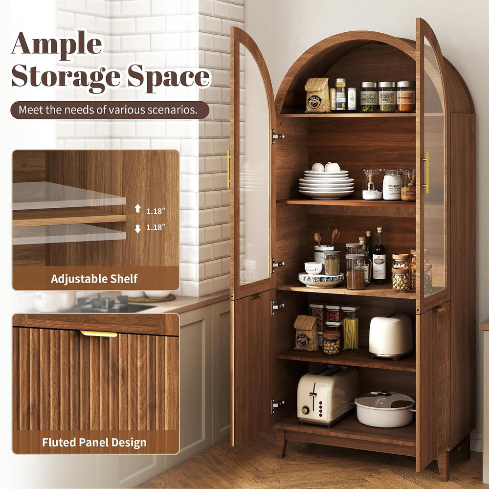 Pamapic 71" Tall Arched Cabinet, Fluted Kitchen Pantry with Glass Doors ...