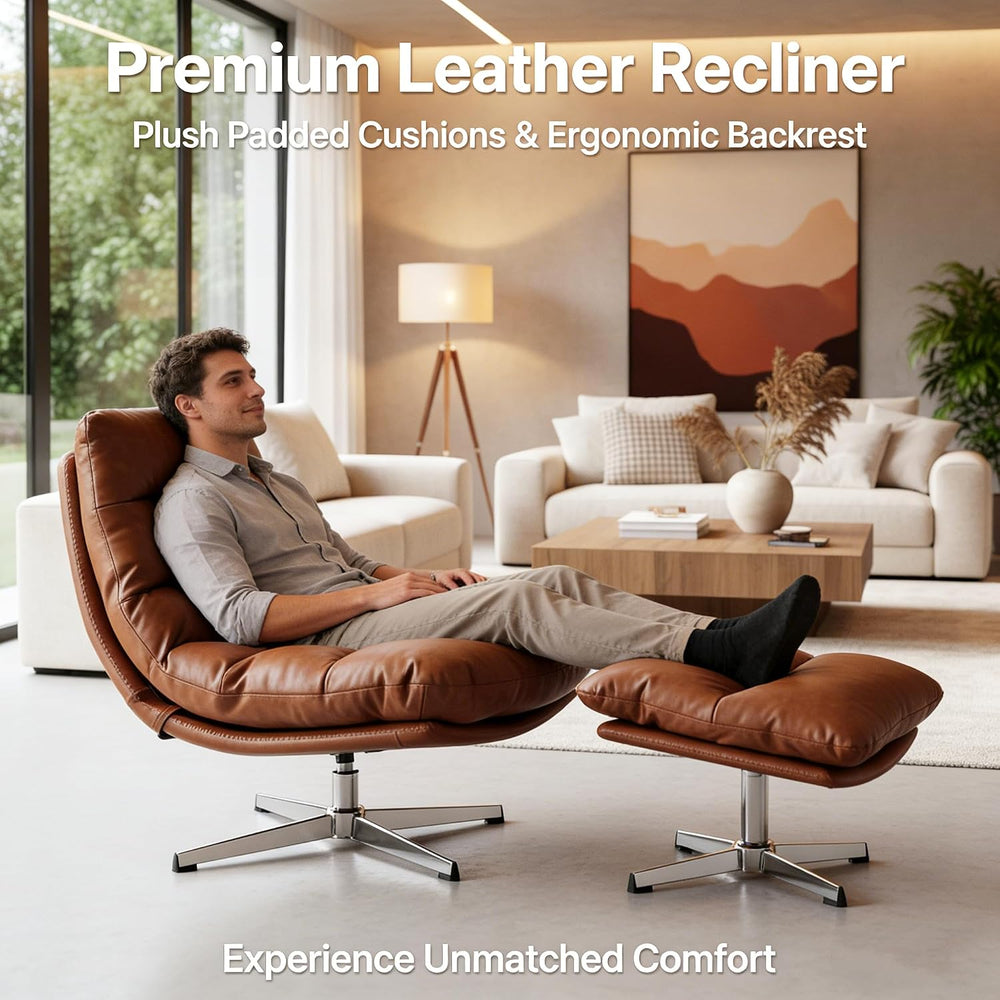 HNY Brown Swivel Lounge Chair with Ottoman Modern PU Leather Accent Chair wit...