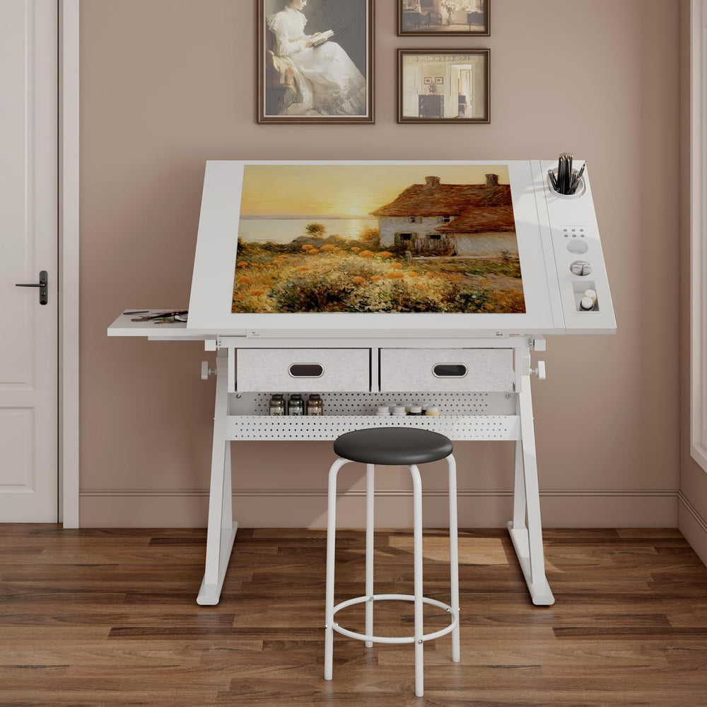Tiltable Drafting Table with Stool, Adjustable Art Desk for Home Use