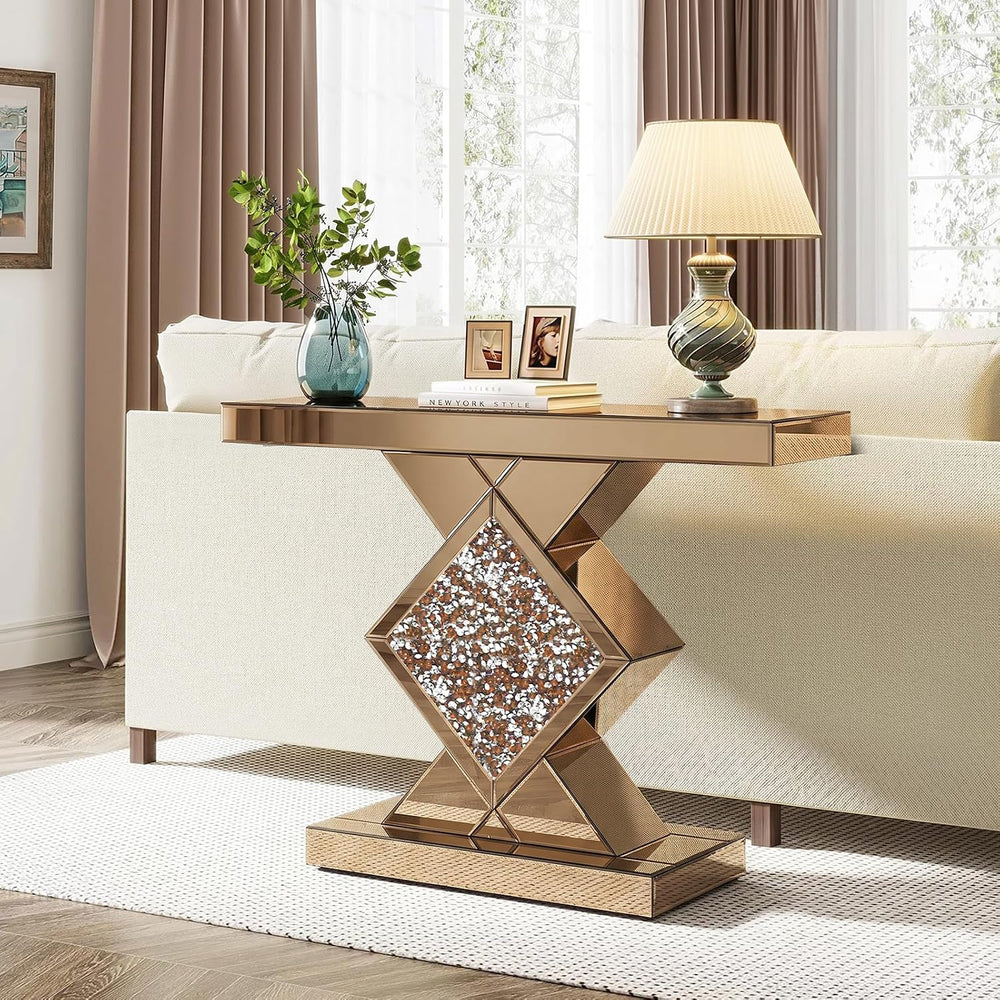 Tea-Colored Mirrored Console Table with Crushed Diamond lnlay, 32" Long ...
