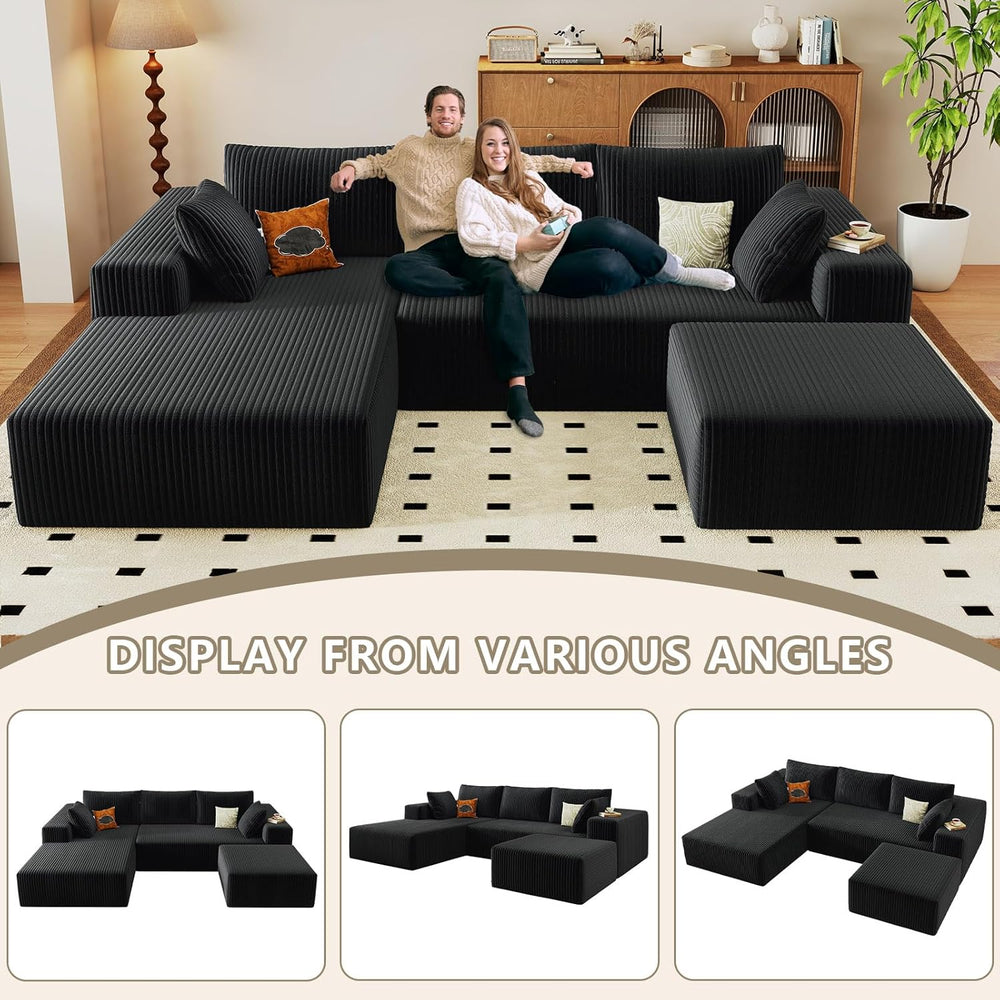 96" Cloud Sectional Couch with U-Shaped Chaise, Corduroy Sectional Sofa ...