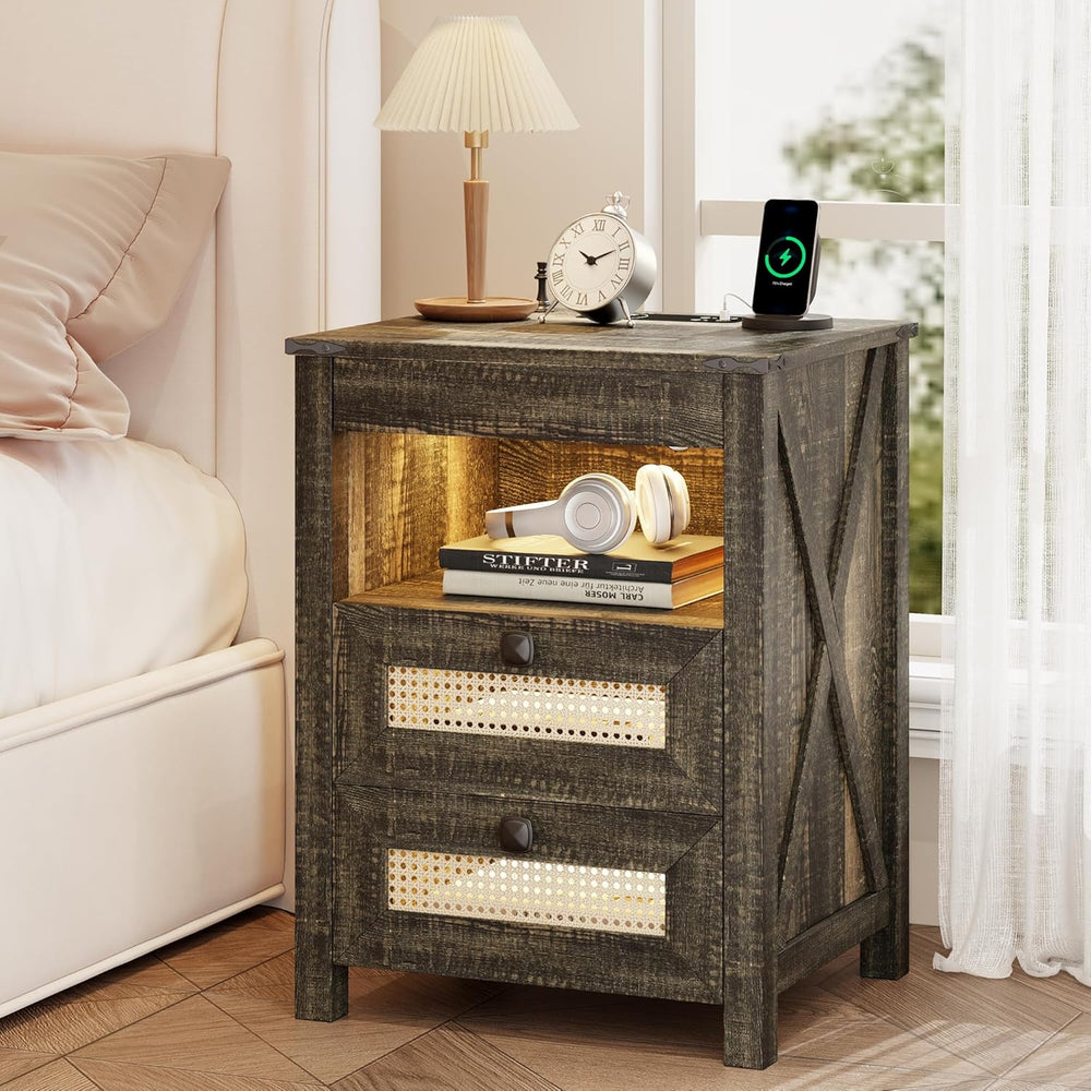 Farmhouse Night Stand with Gun Drawer, Bedside Table with Charger Station, LE...