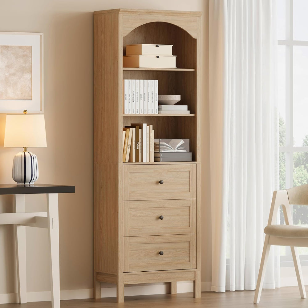Arched Bookshelf,3 Tier Tall Bookcase with Adjustable Shelves and Drawers