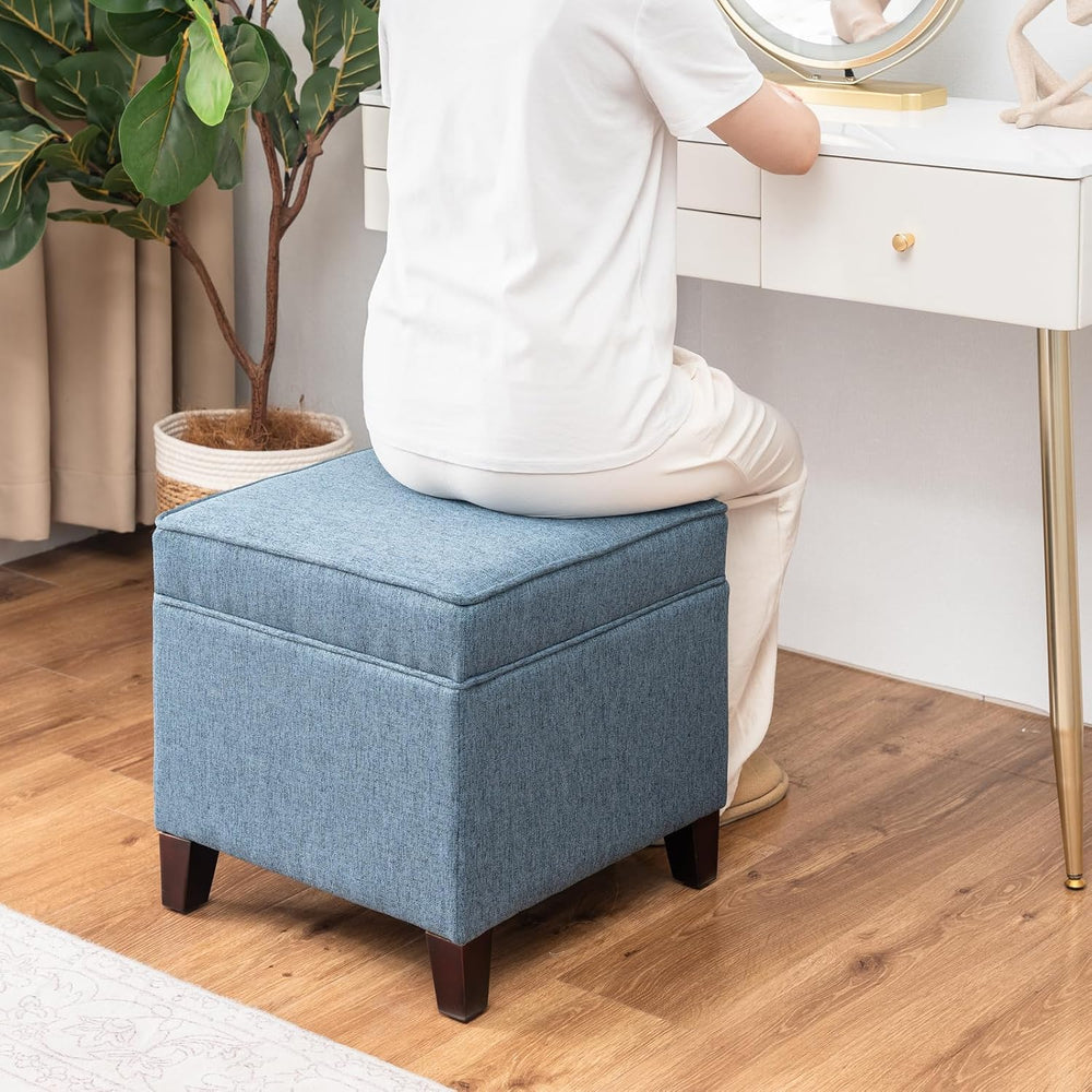 Linen Storage Ottoman with Wooden Legs, 17" Square Upholstered Flip-Top ...