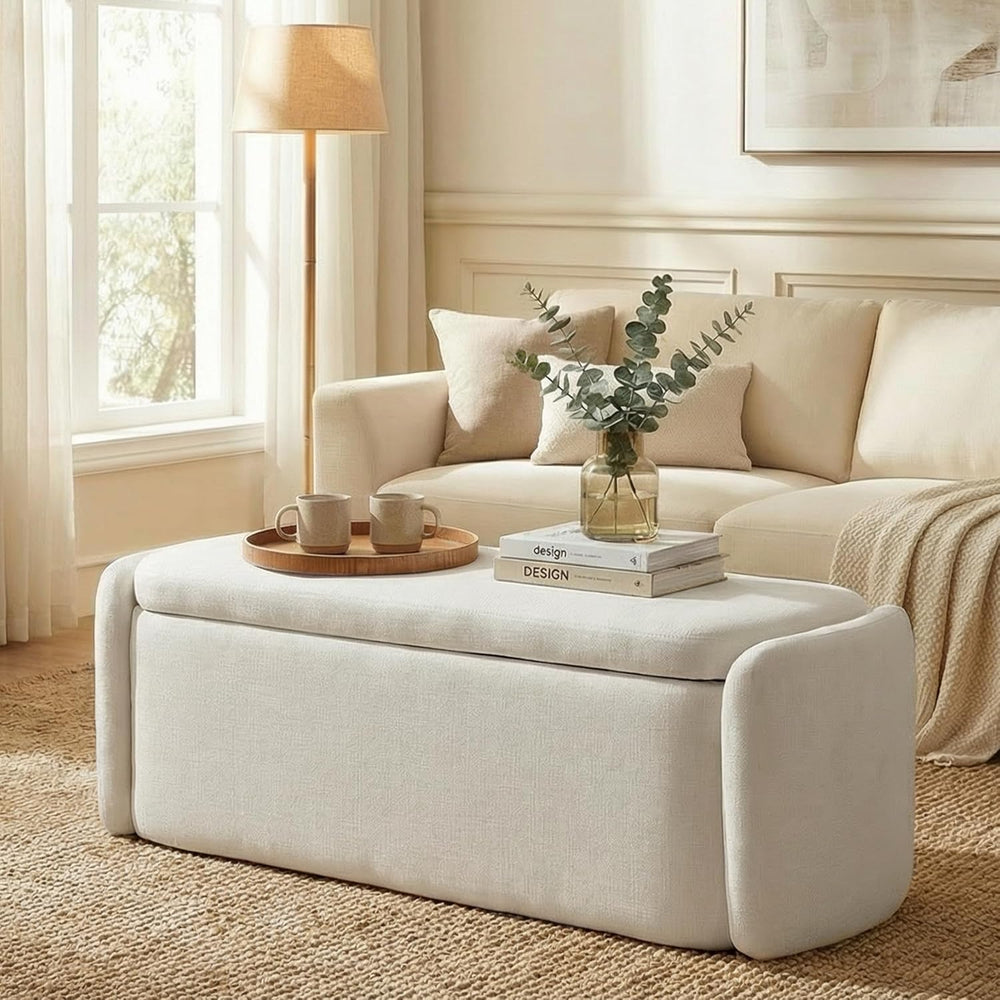 VKNOW Storage Bench, Upholstered Storage Ottoman Bench with Hinge, Cream | Ot...