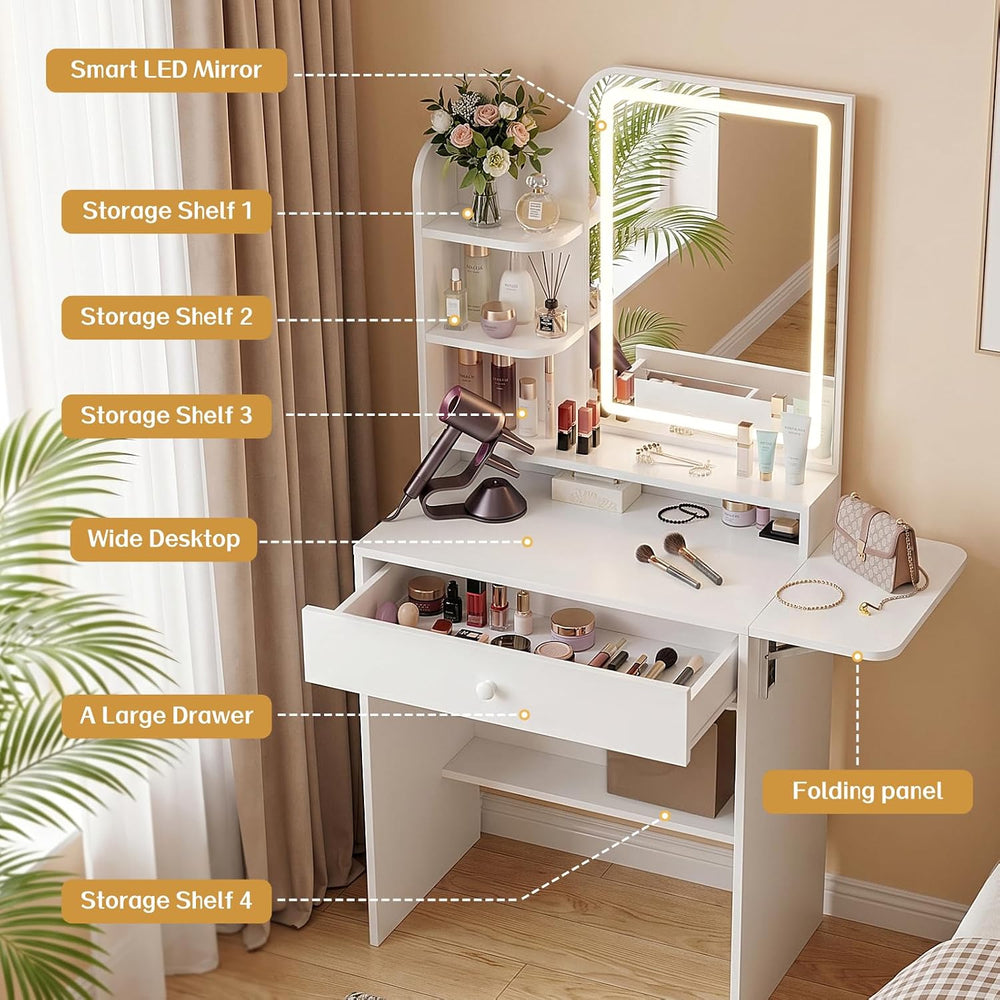 Haewon Small Makeup Vanity Set with Lighted Mirror and Chair, White | Built-I...