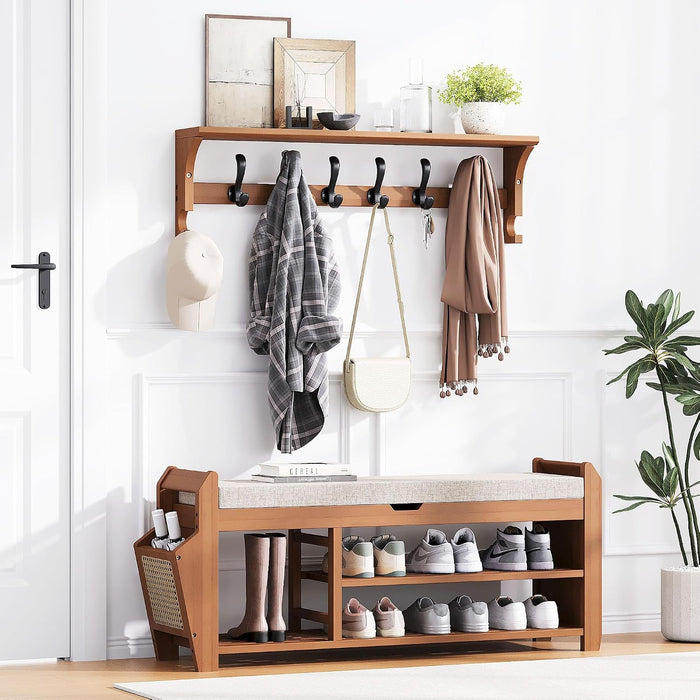 PETKABOO 39.4" Bamboo Shoe Rack Bench with Coat Rack, 3-Tier Entryway Bench with Thick Cushion, Flip-Top & Side Baskets, Holds Up to 550 LBS for Hallway, Living Room, Bedroom