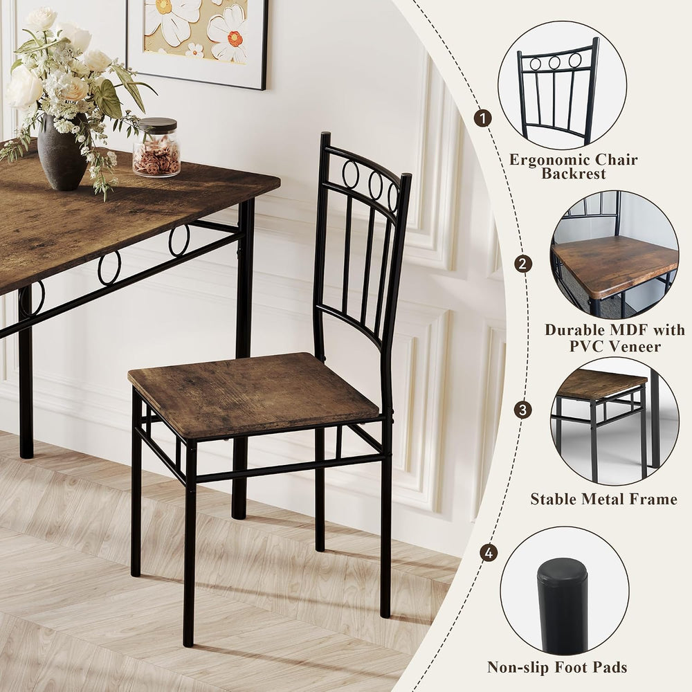 5 Piece Dining Table Set, Modern Metal&Wood Kitchen Dinner Table with 4 C...