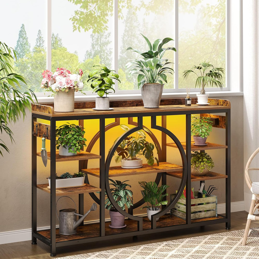 47.2 Inch Console Tables with Charging Station and LED Light, Rustic Brown
