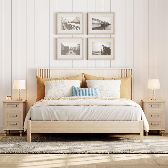 WAMPAT Set of 2 End Tables with Charging Station, Beige Tall Side Table with ...