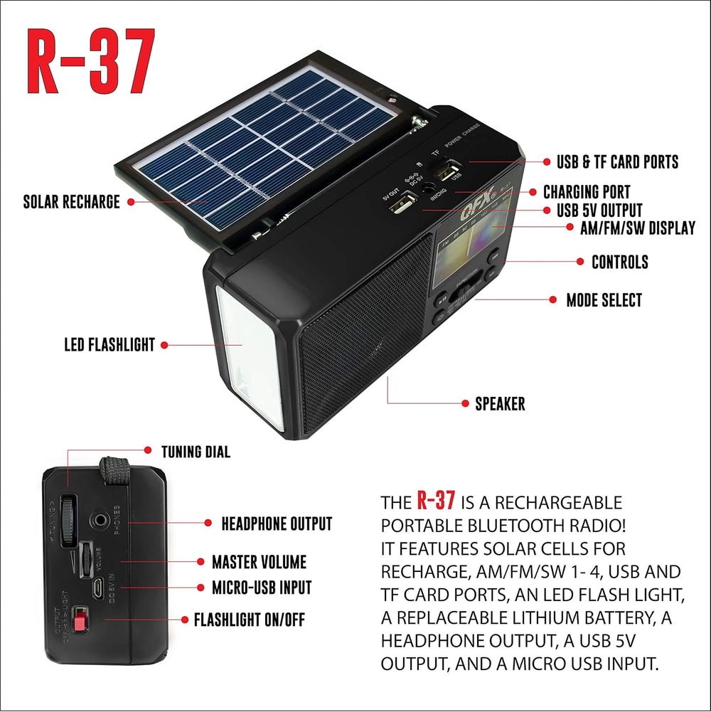 QFX R-37 6-Band (AM, FM, SW1 - SW4) Bluetooth LED Flashlight Solar Radio (202...