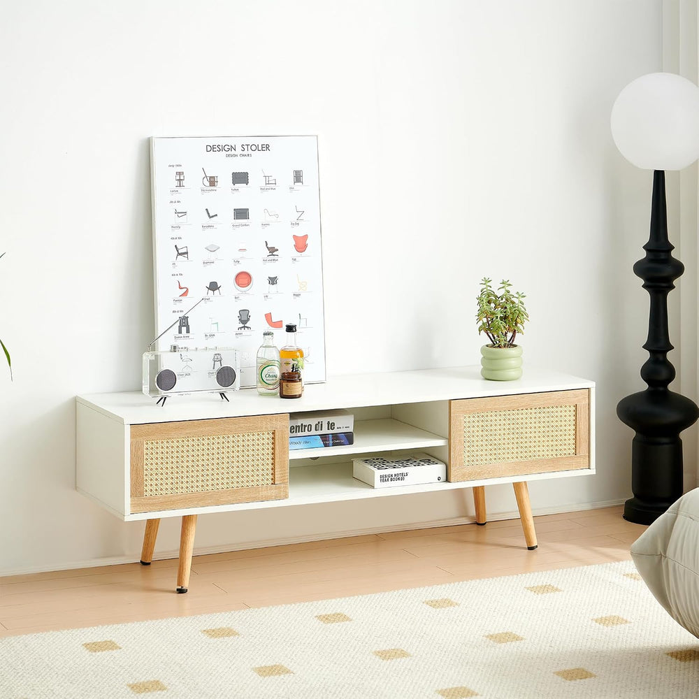 Meihua 55.12" Rattan TV Stand with Sliding Doors, Adjustable Shelves, So...
