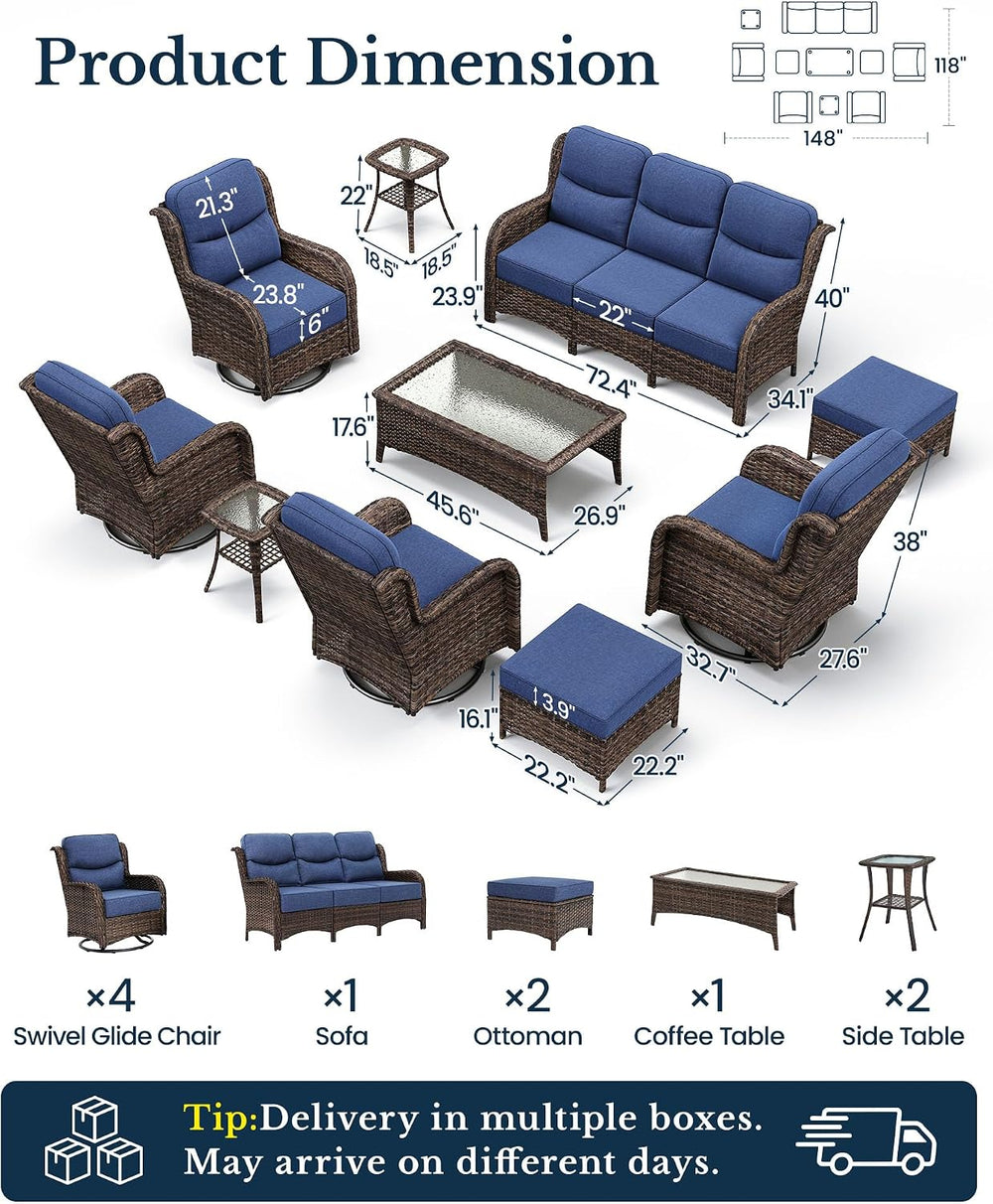 HILLGA 10-Piece Luxury Patio Furniture Set with 6" Thick Cushions, Weath...