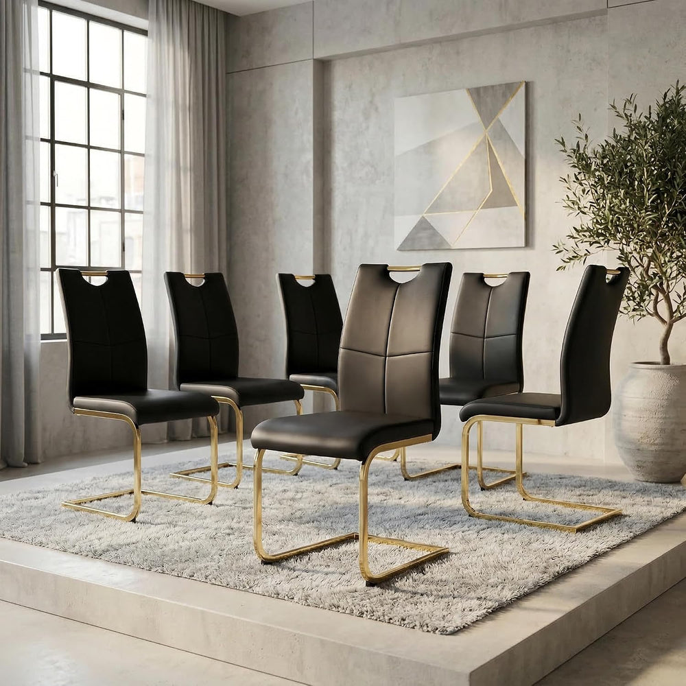 FT Global Modern PU Leather Dining Chair Set of 6, Upholstered Black Chairs w...