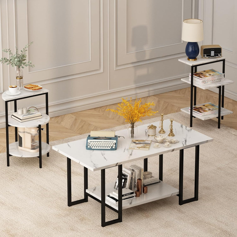 Lamerge Coffee Table Set of 3,Rectangle Coffee Table&2 Accent Table,Faux ...