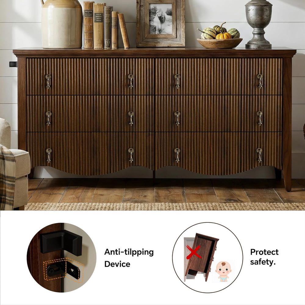 Walnut 6-Drawer Fluted Dresser, Wide Double Chest of Drawers,