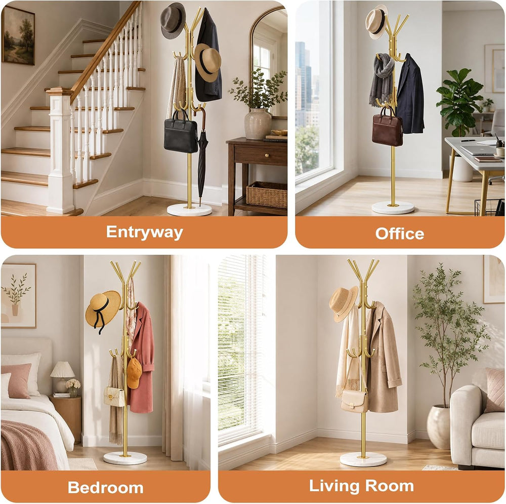 Gold Coat Rack Freestanding 12 Hooks Coat Hanger Stand Heavy Duty Coat Tree