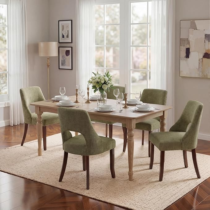 UVV Wooden Dining Chairs Set of 2, Mid Century Modern Chenille Upholstered Di...