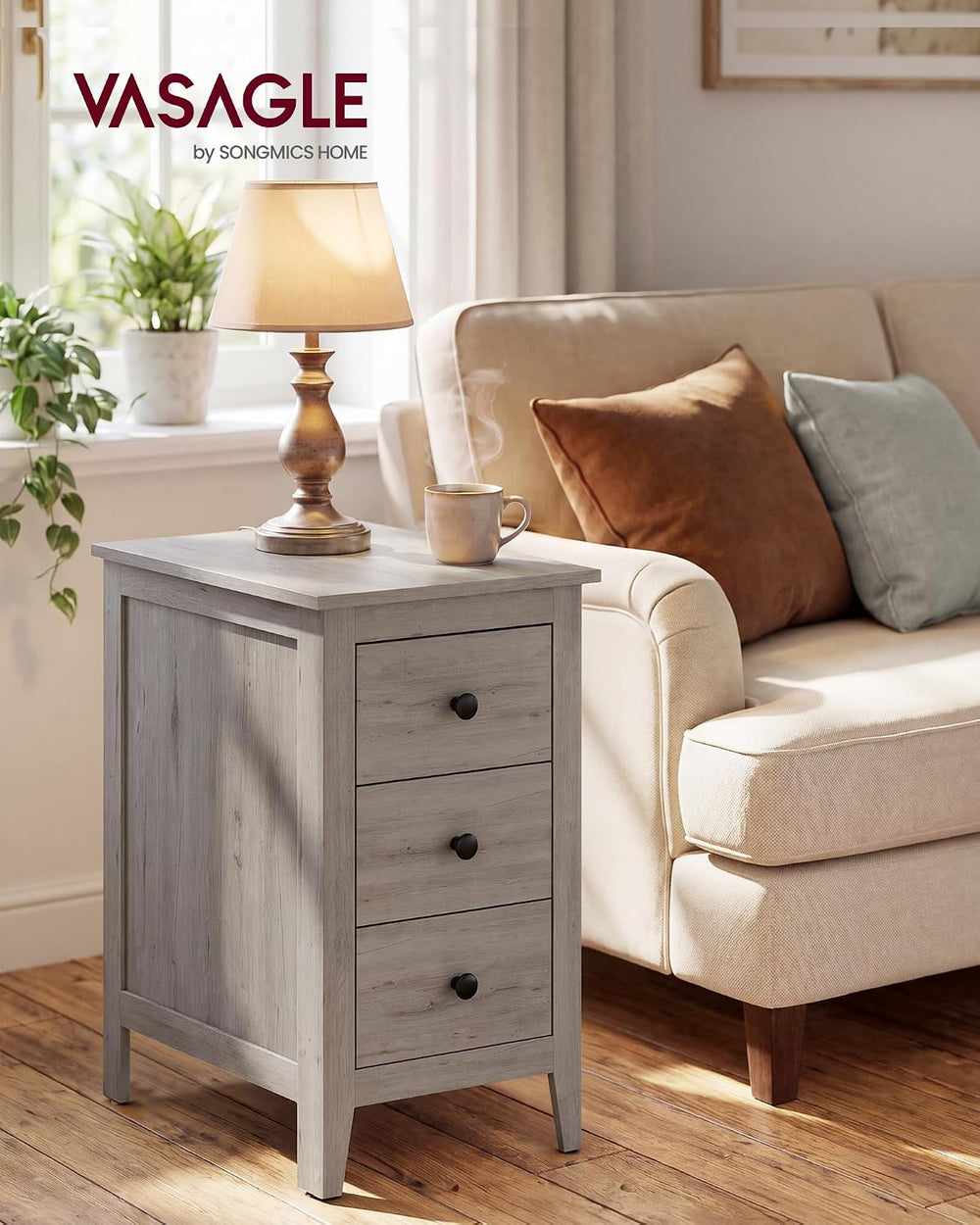 VASAGLE Liry Collection-Farmhouse Side End Table with 3 Drawers, Slim Nightst...