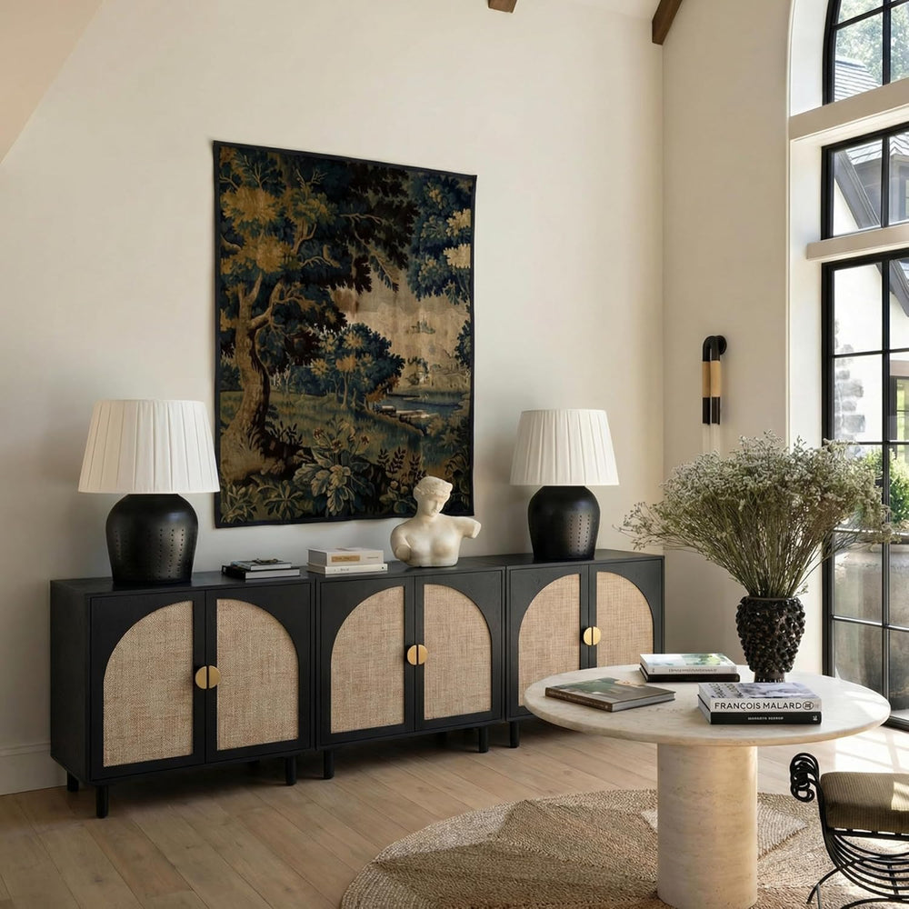 Modern Rattan Storage Sideboard Cabinet, Black Wood Buffet with Magnetic Latc...