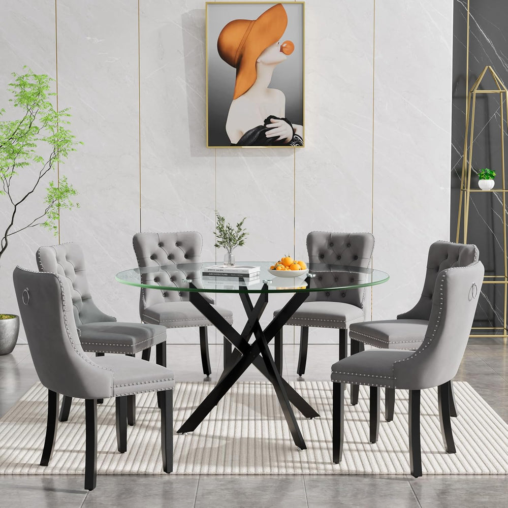 Round Glass Dining Room Table Set for 6, 7-Piece Dining Table Set with 47.2&q...