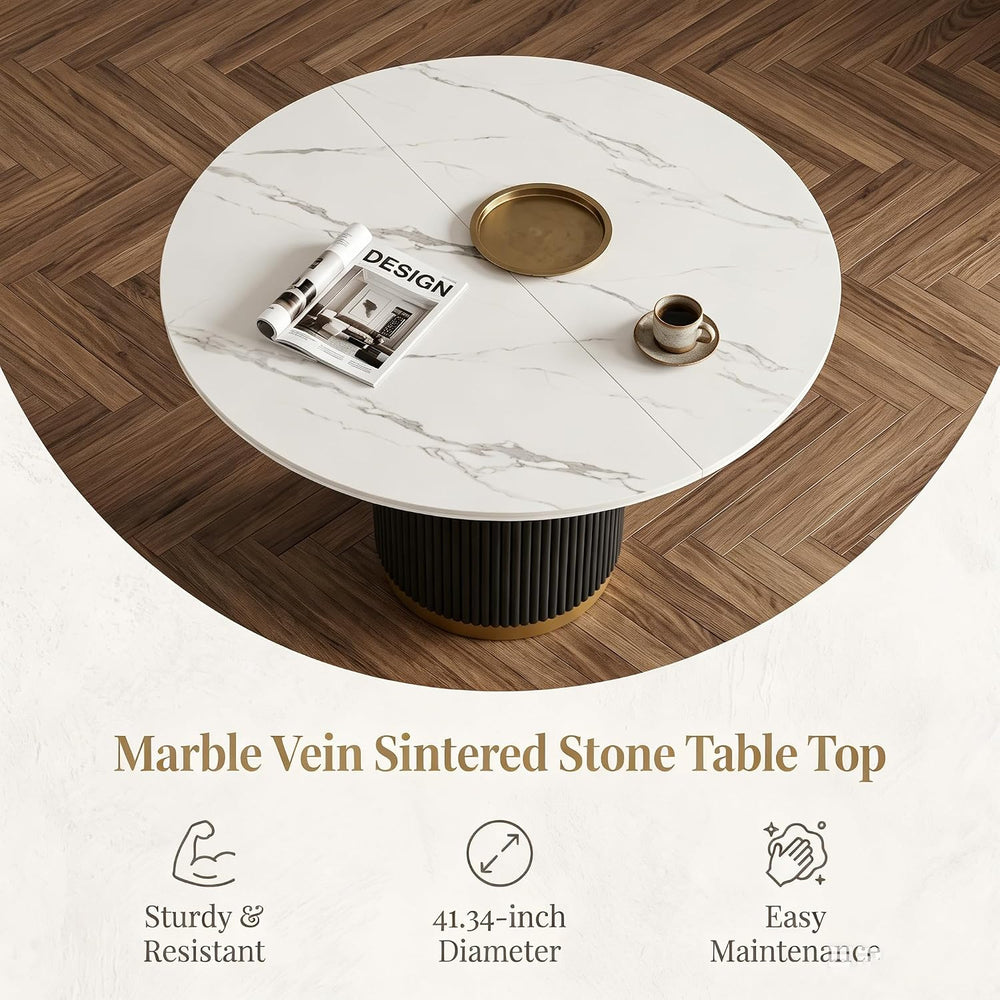 SSLine 41.3 in Round Sintered Stone Dining Table for 4 Fluted Pedestal Base |...