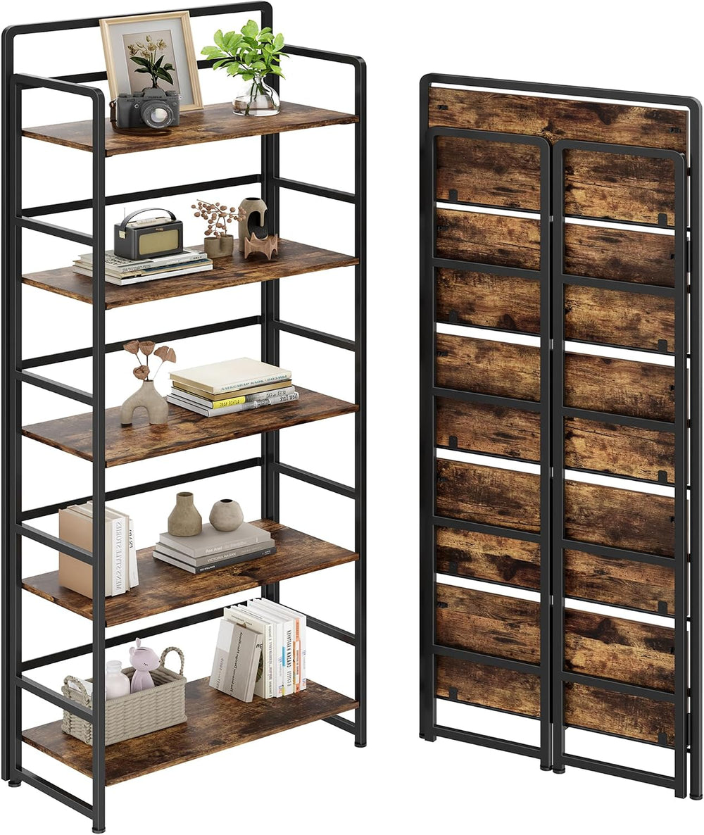 Folding Bookshelf 5 Tiers,No Assembly,Vintage Wood Storage,Rustic Brown
