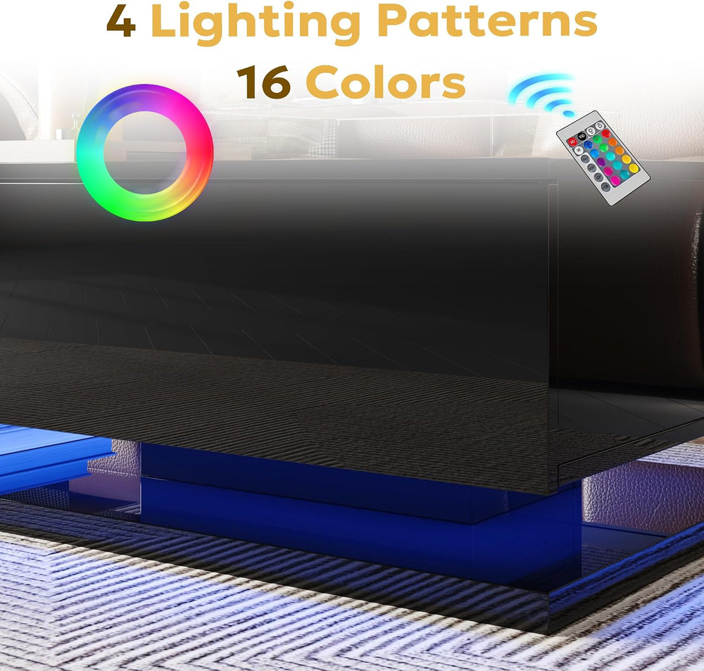 holzart Compact Low-Profile Coffee Table with LED Lights & Storage, 39.4&...