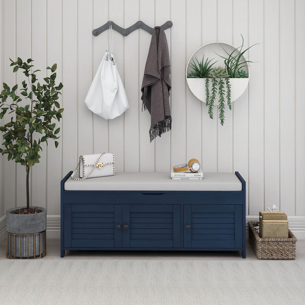 Storage Bench with 3 Shutter-Shaped Doors, Wood Shoe Bench with Removable Cus...