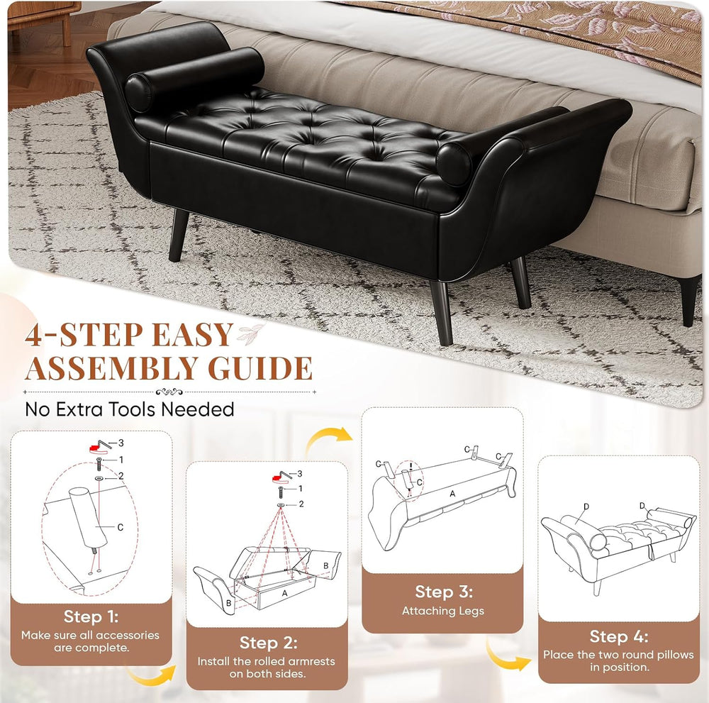 Faux Leather Storage Bench for Bedroom End of Bed, 65-Inch Rolled Arm Upholst...