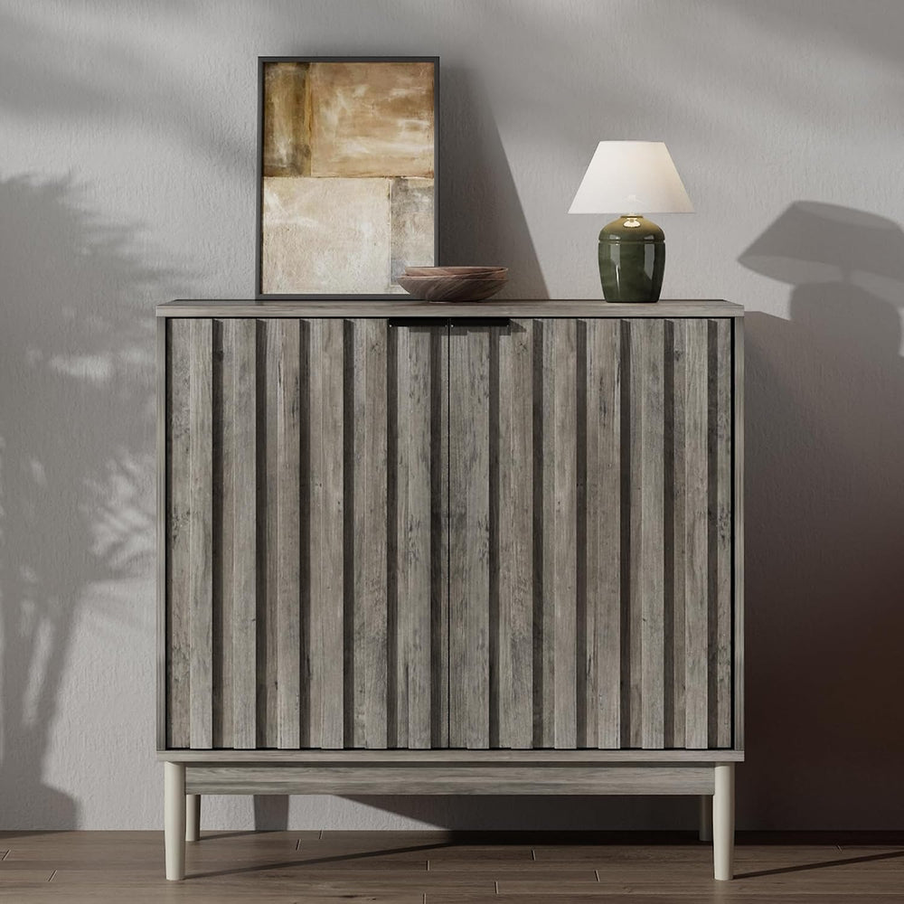Fluted Buffet Cabinet with Storage, Small Accent Cabinet, Grey