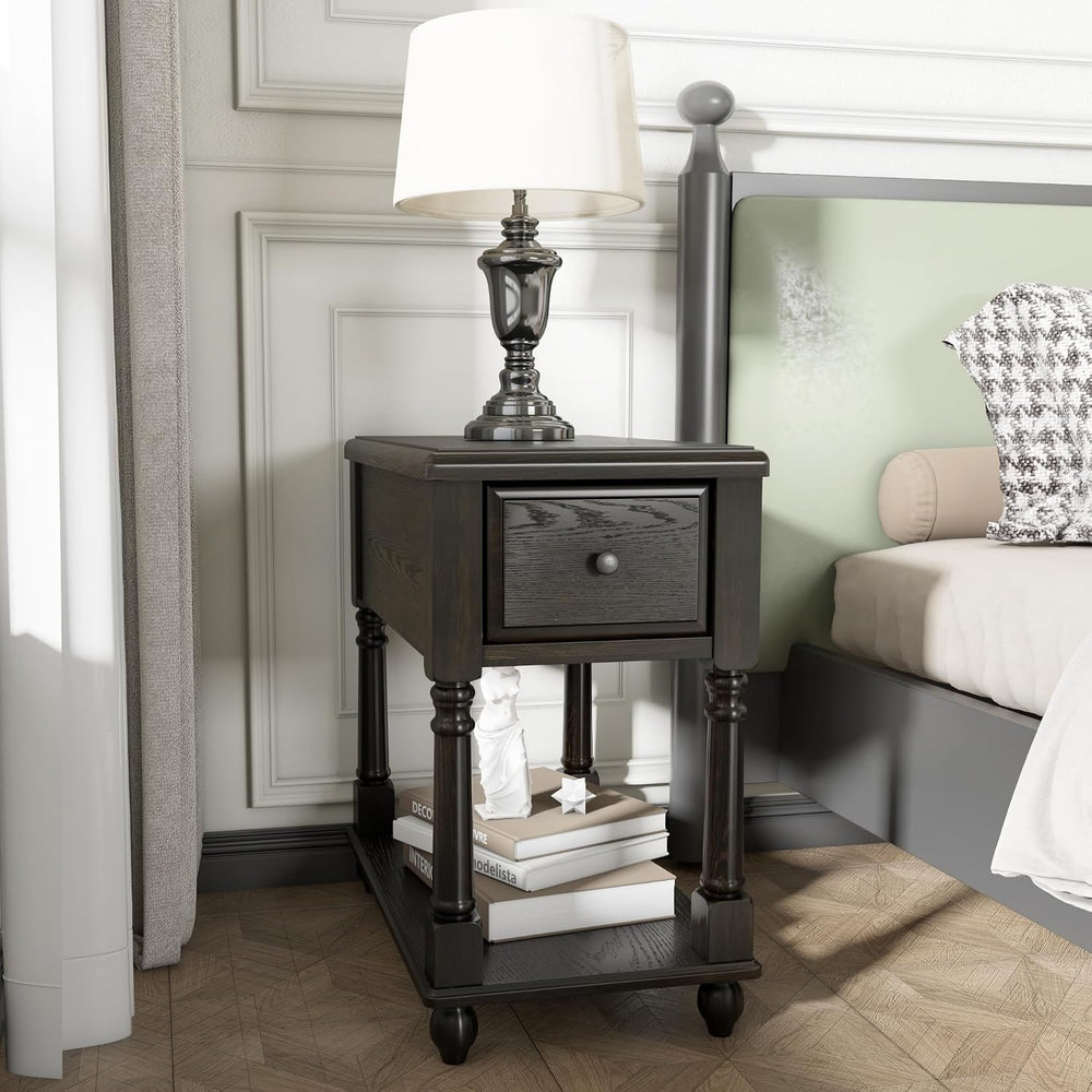 Narrow End Side Table with Drawer and Storage Shelf Set of 2, Solid Wood Sofa...