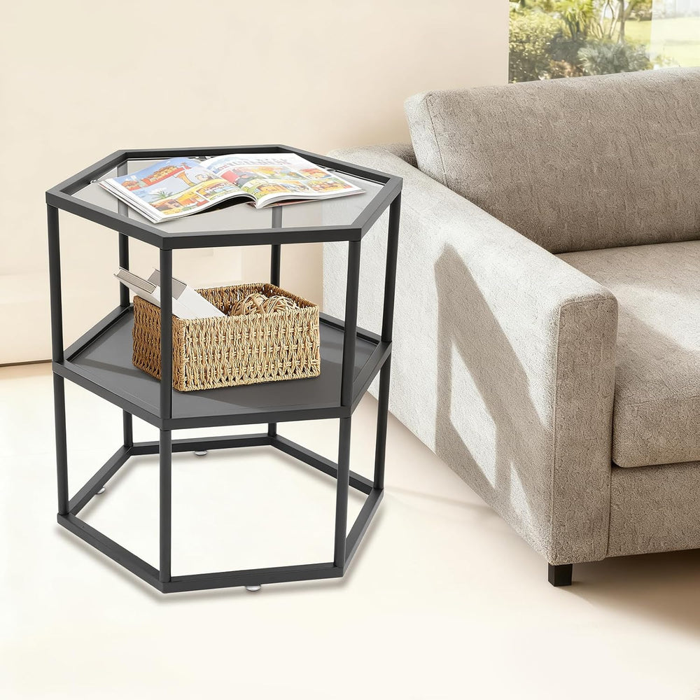 Side Table, Modern Coffee Tables with 2-Tier Storage with Metal Frame, Hexago...