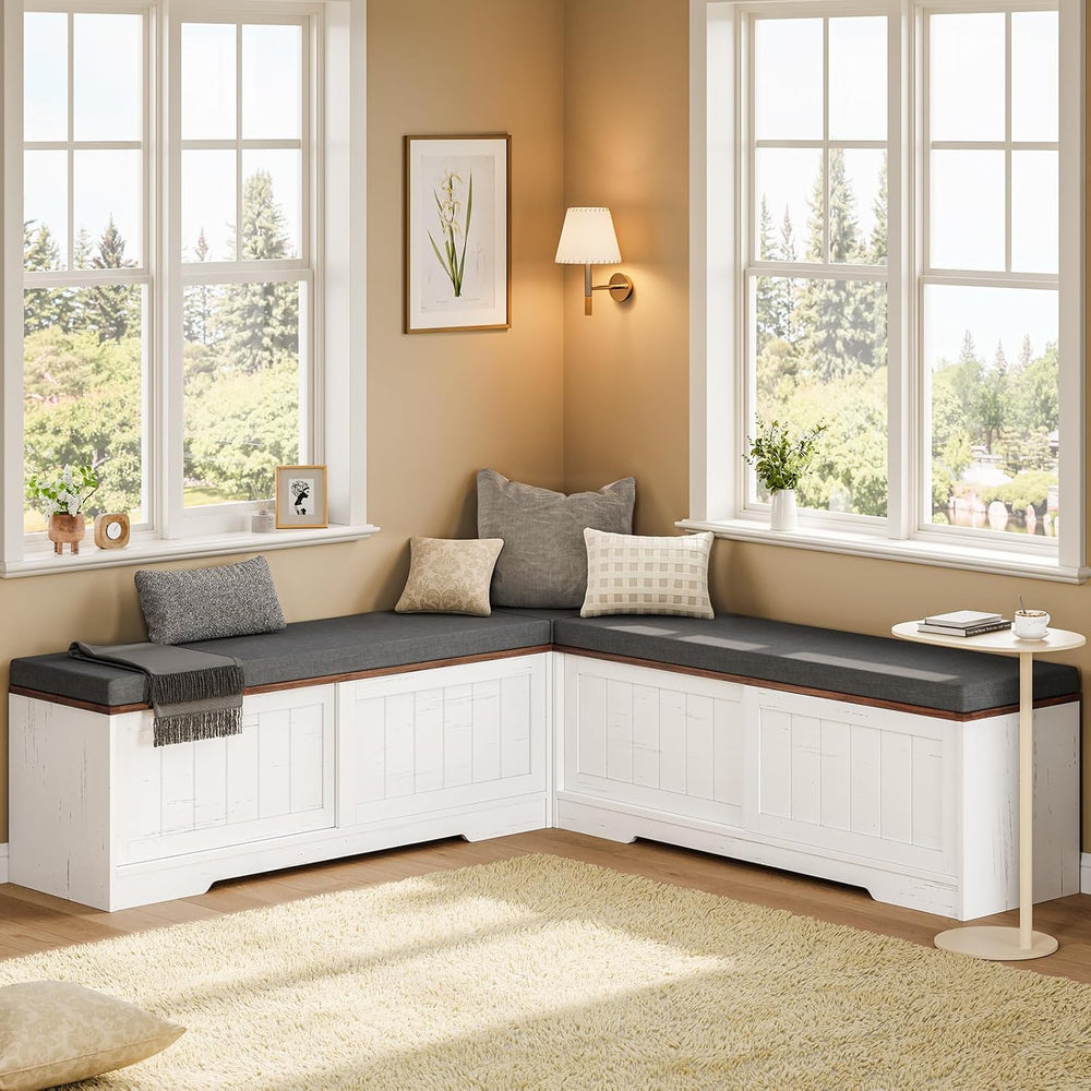 UPOSOJA Farmhouse L Shaped Corner Shoe Storage Bench with Cushion Entryway Sh...