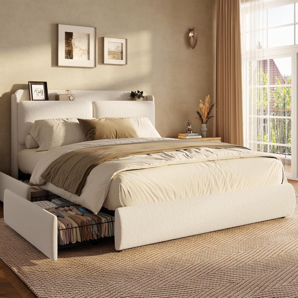 Garvee Chenille Fabric Queen Size Bed Frame with 2 Storage Drawers - Beige