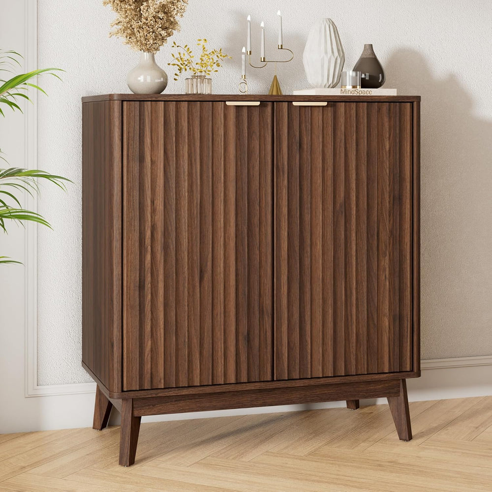 Buffet Cabinet, Small Coffee Bar Cabinet with Storage, Modern Walnut Fluted S...