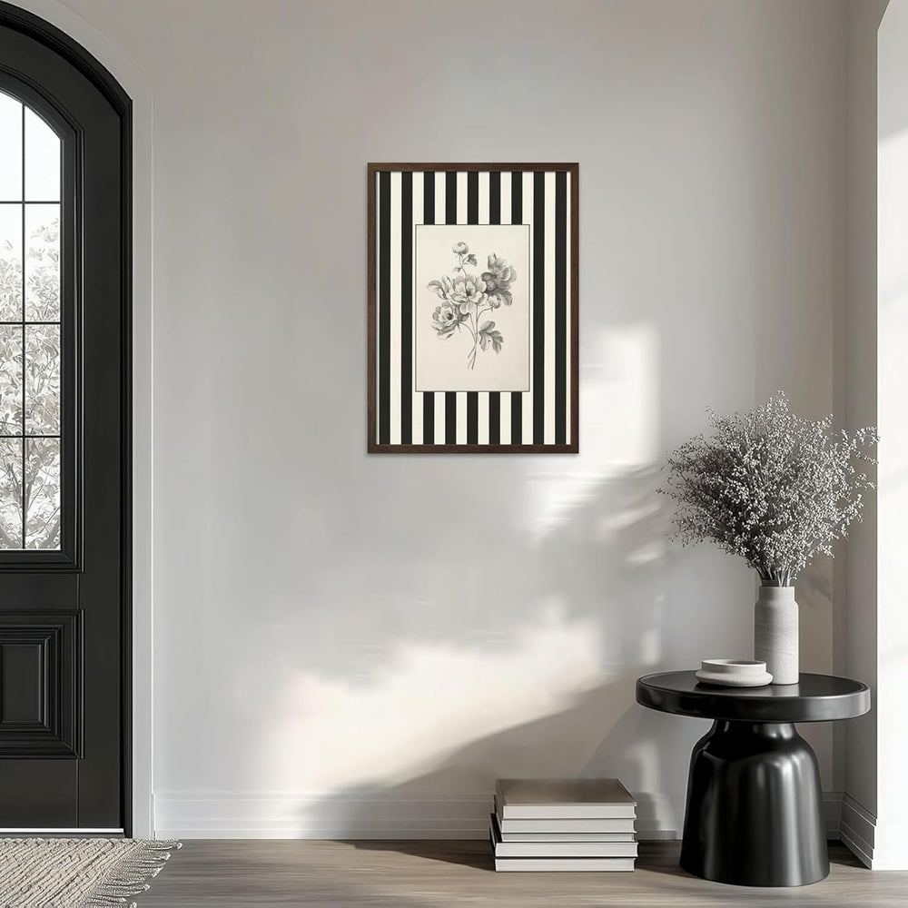 Framed Black and White Striped Wall Art Vintage Flower Pictures 16x24 In