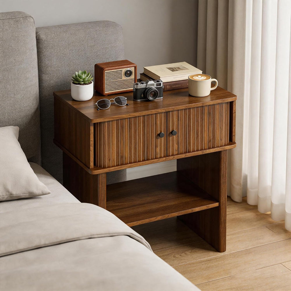 Nightstand with Fluted Sliding Door, 3-Tier Side Table with Hidden Cabinet an...