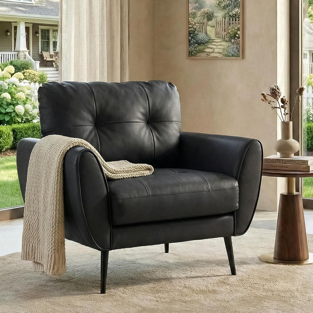 Black Leather Accent Chair, Tufted Reading Armchair for Living Room Office