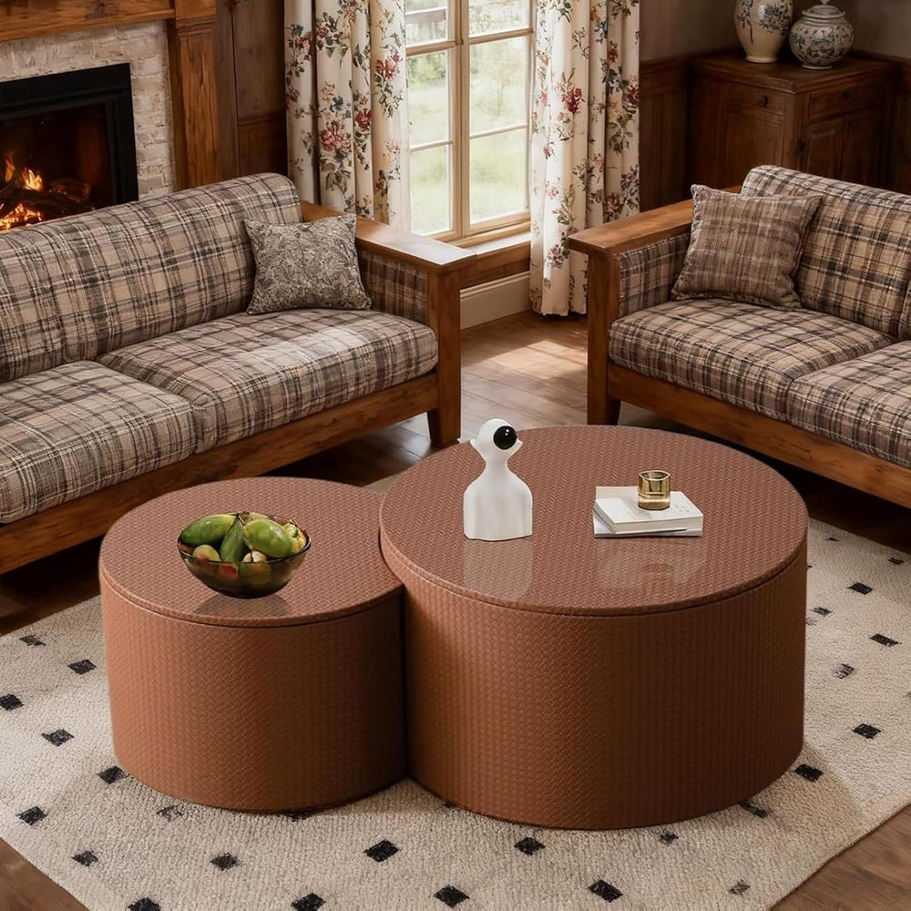 Round Nesting Coffee Table with Storage (C Brown 26.8+18.3in) | Modern Chic C...