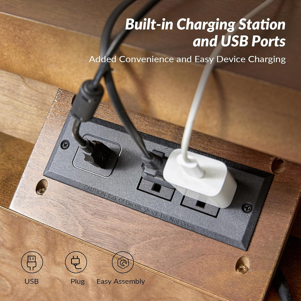 HULALA HOME Farmhouse 3 Drawer End Table with Charging Station, Walnut