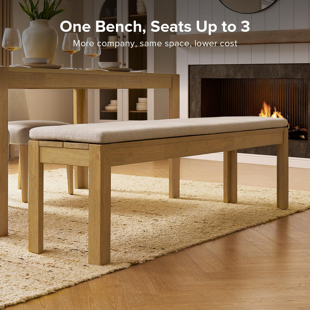 mopio Logan Upholstered Beige Dining Bench, Modern Farmhouse Solid Wood with ...