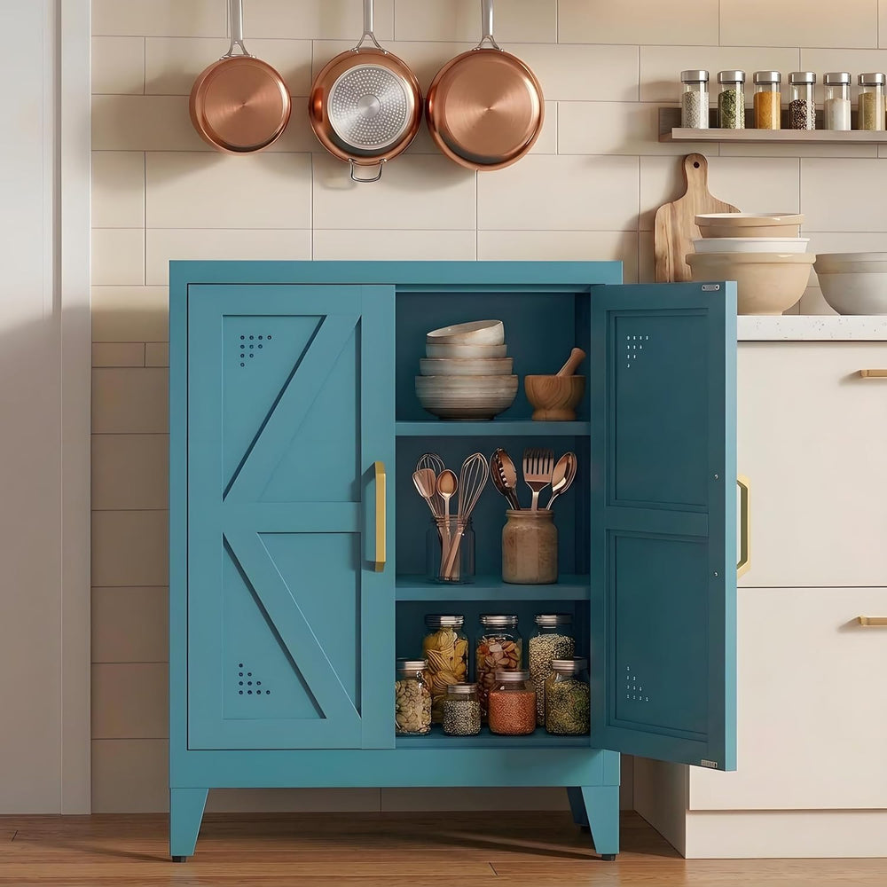 Short Pantry Cabinet with 2 Doors and Adjustable Shelves | Small Kitchen Stor...