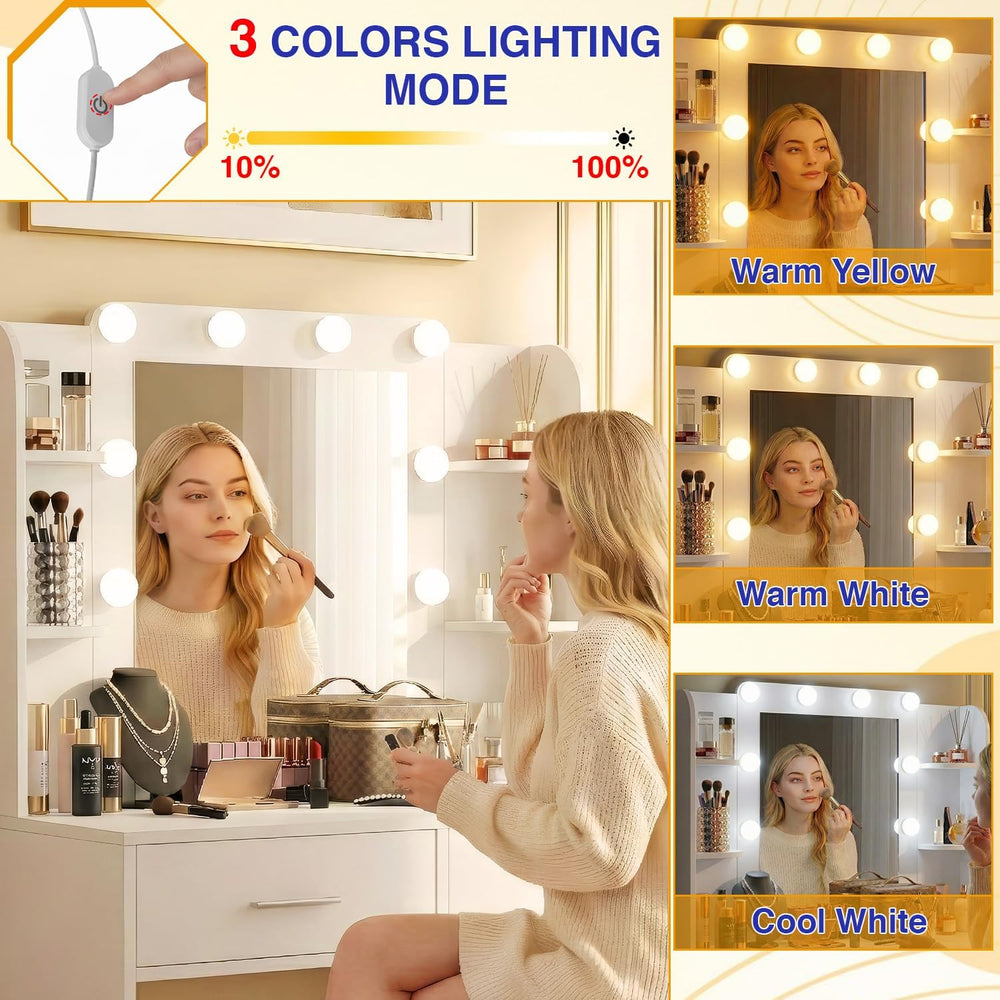 FDW Vanity Desk with Mirror and Lights, 2-Drawer Makeup Vanity Desk with 3 A...