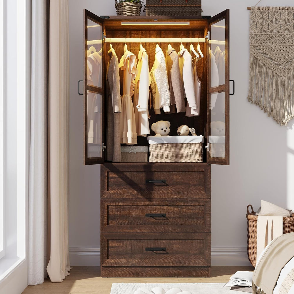 75" Tall Farmhouse 2 Doors Armoire Wardrobe Closet with 3 Drawers and LE...