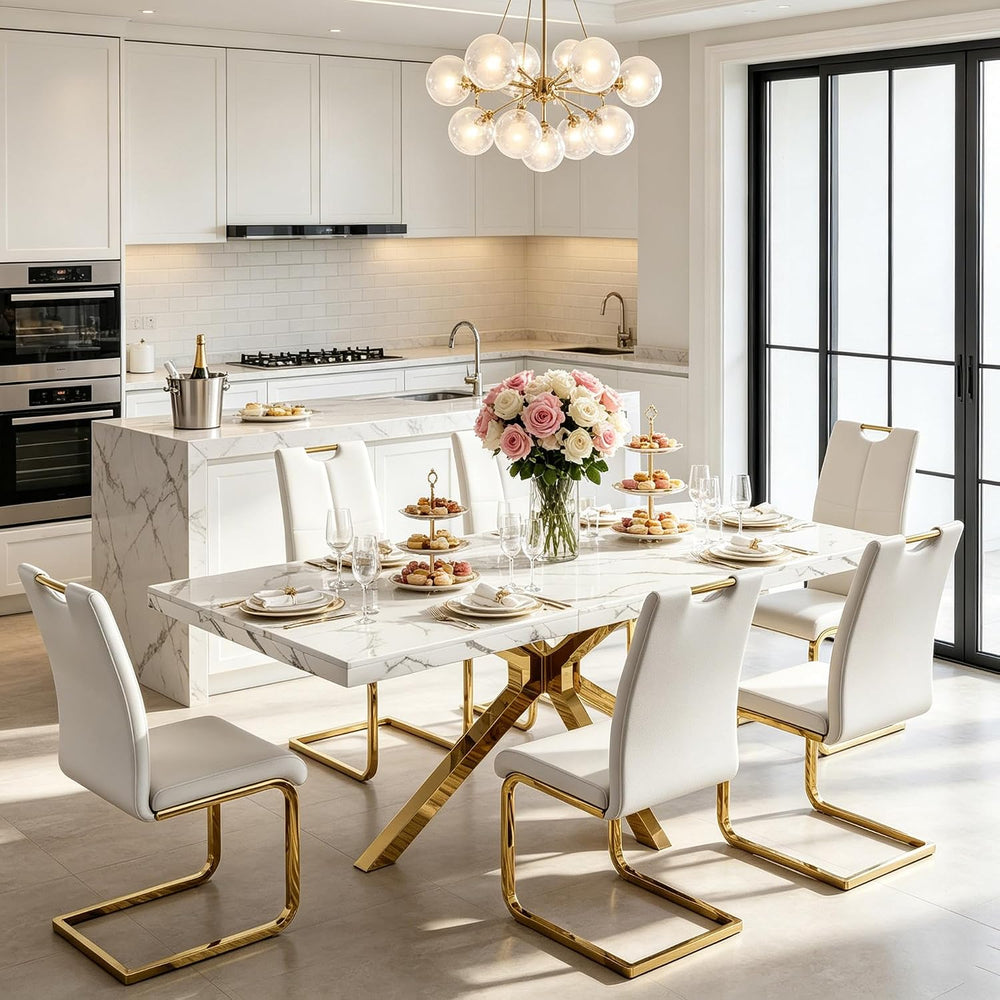 Faux Marble Dining Table Set for 6, Modern Kitchen Table Chairs Set 6, 70&quo...