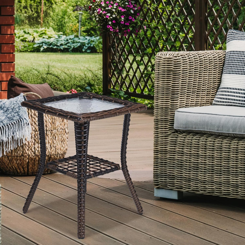 VINGLI Outdoor Side Table with Storage Wicker Patio Side Table, Tempered Glas...