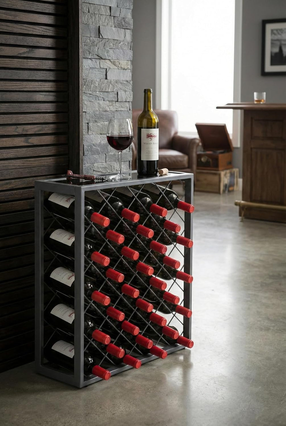 Mango Steam 32 Bottle Gray Wine Rack with Gray Glass Top Shelf, Free Standing...