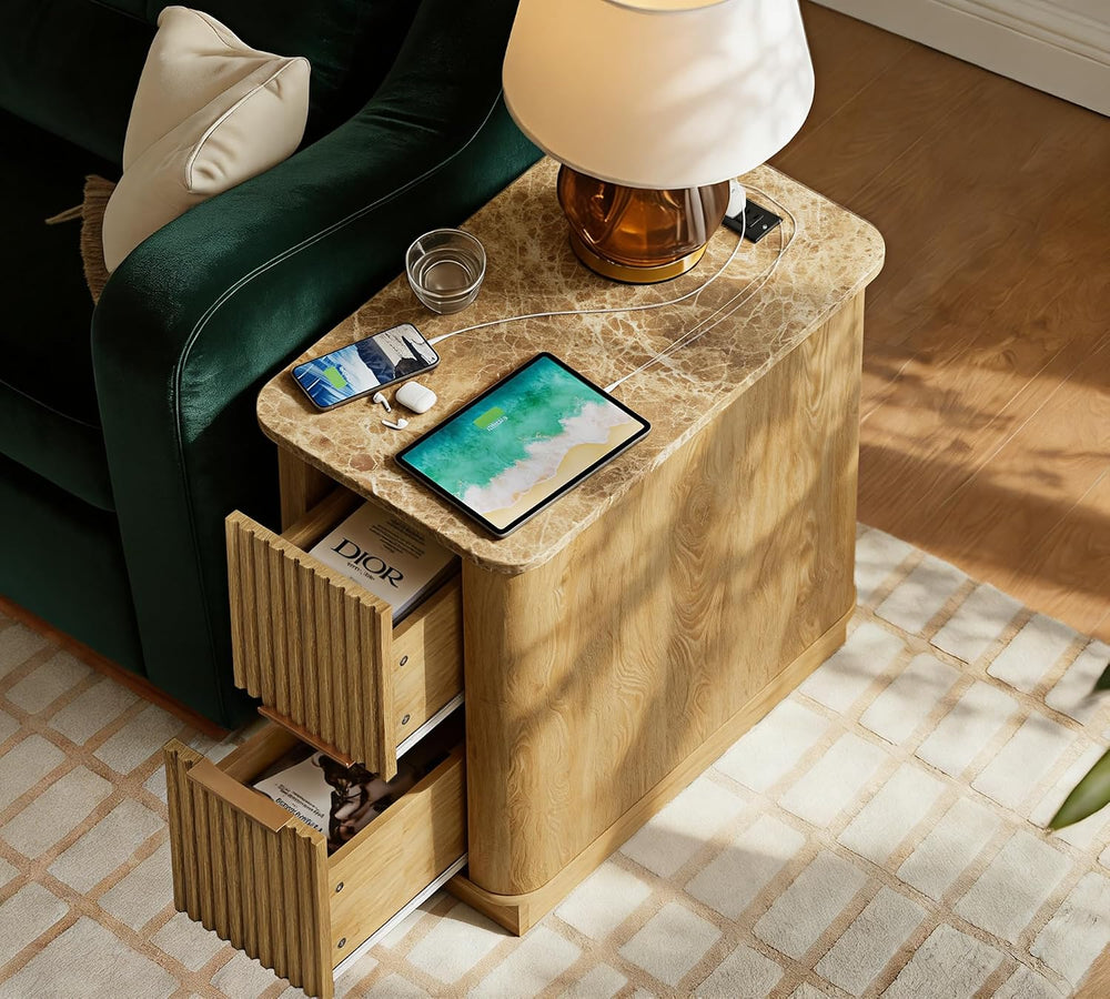 win2win Narrow End Table with Charging Station, Fluted Side Table with Faux M...