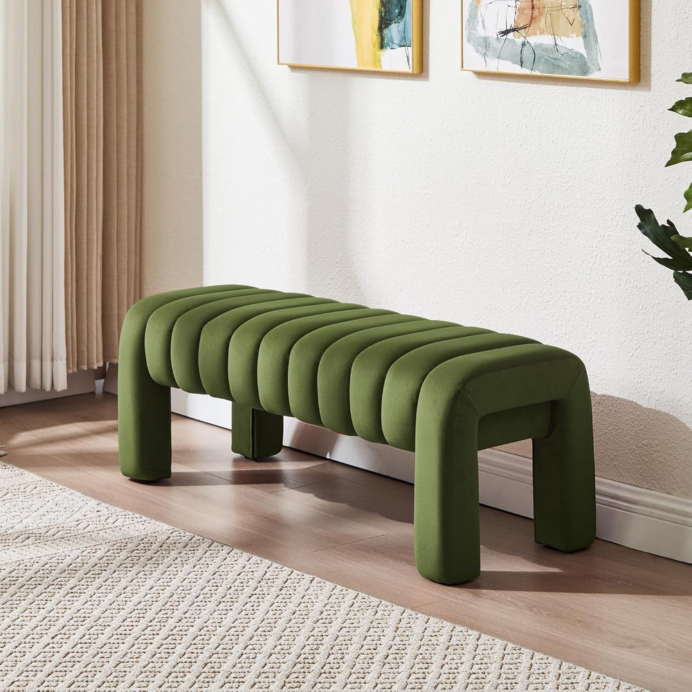 43.3” Dining Room Bench, Olive Green Tufted Upholstered End of Bed Bench, Mod...